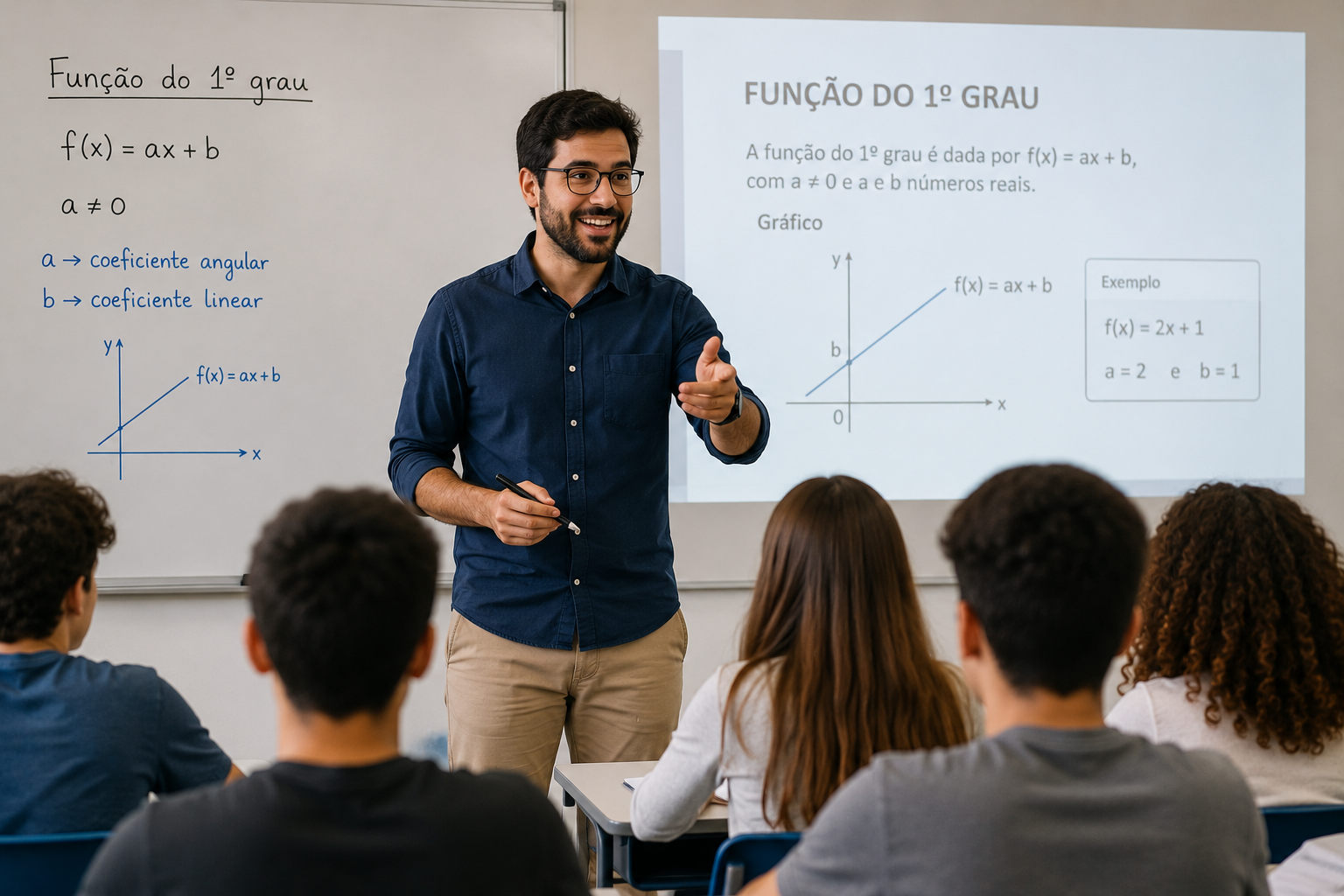 Professor de óculos e camisa azul gesticula enquanto ensina função do 1º grau com lousa e projetor ao fundo.