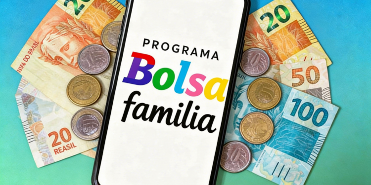 Programa Bolsa Família exibido em smartphone com cédulas de brasileiras no fundo.