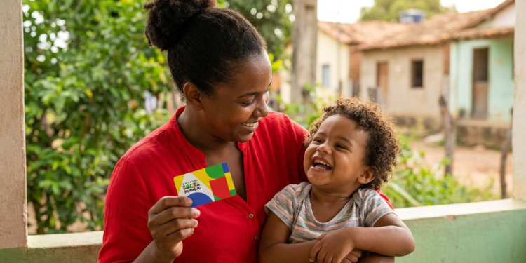 Mãe segura cartão Bolsa Família ao lado do filho.