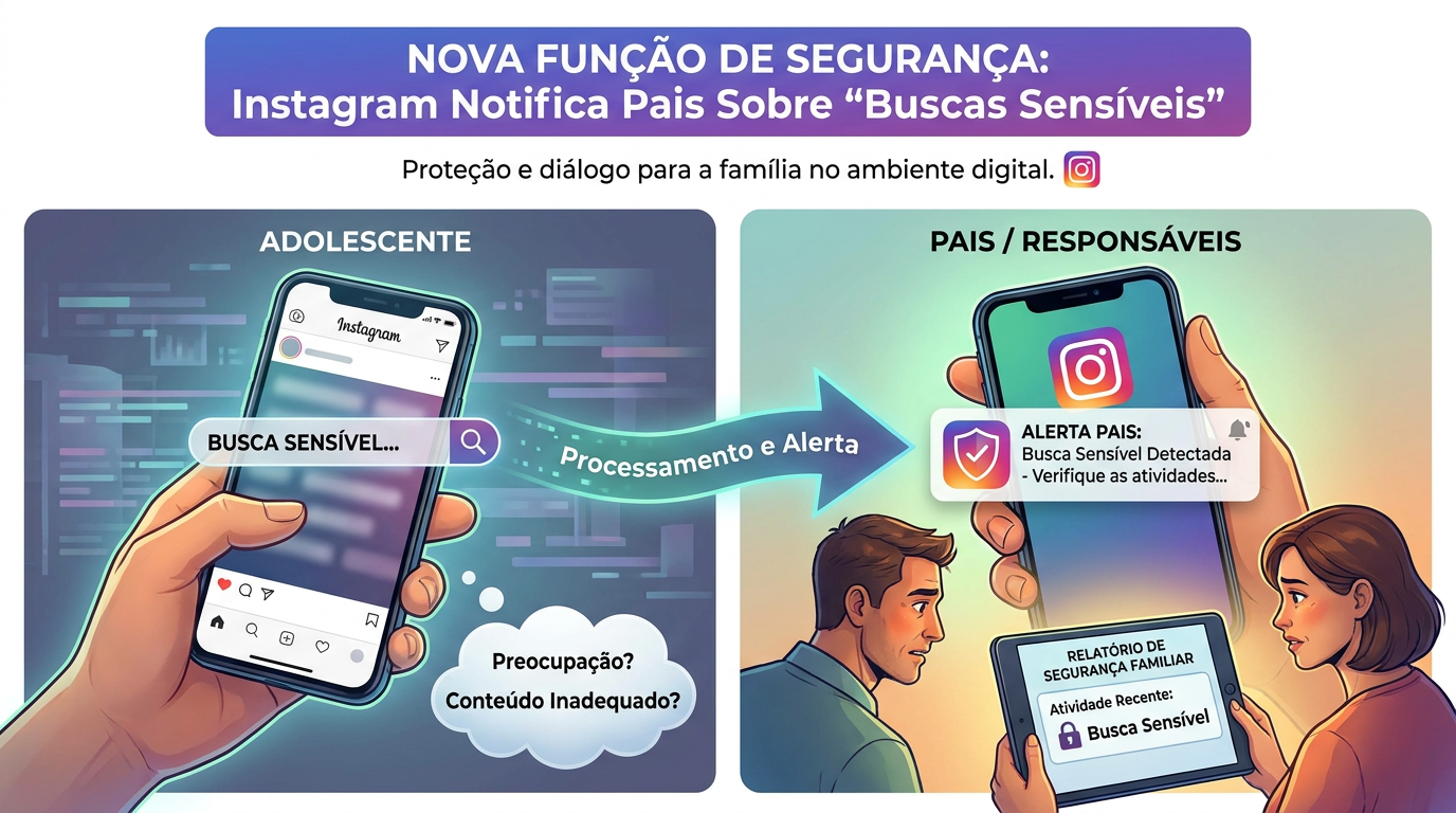 Infográfico mostra adolescente usando Instagram enquanto pais recebem alerta de busca sensível no celular e tablet.