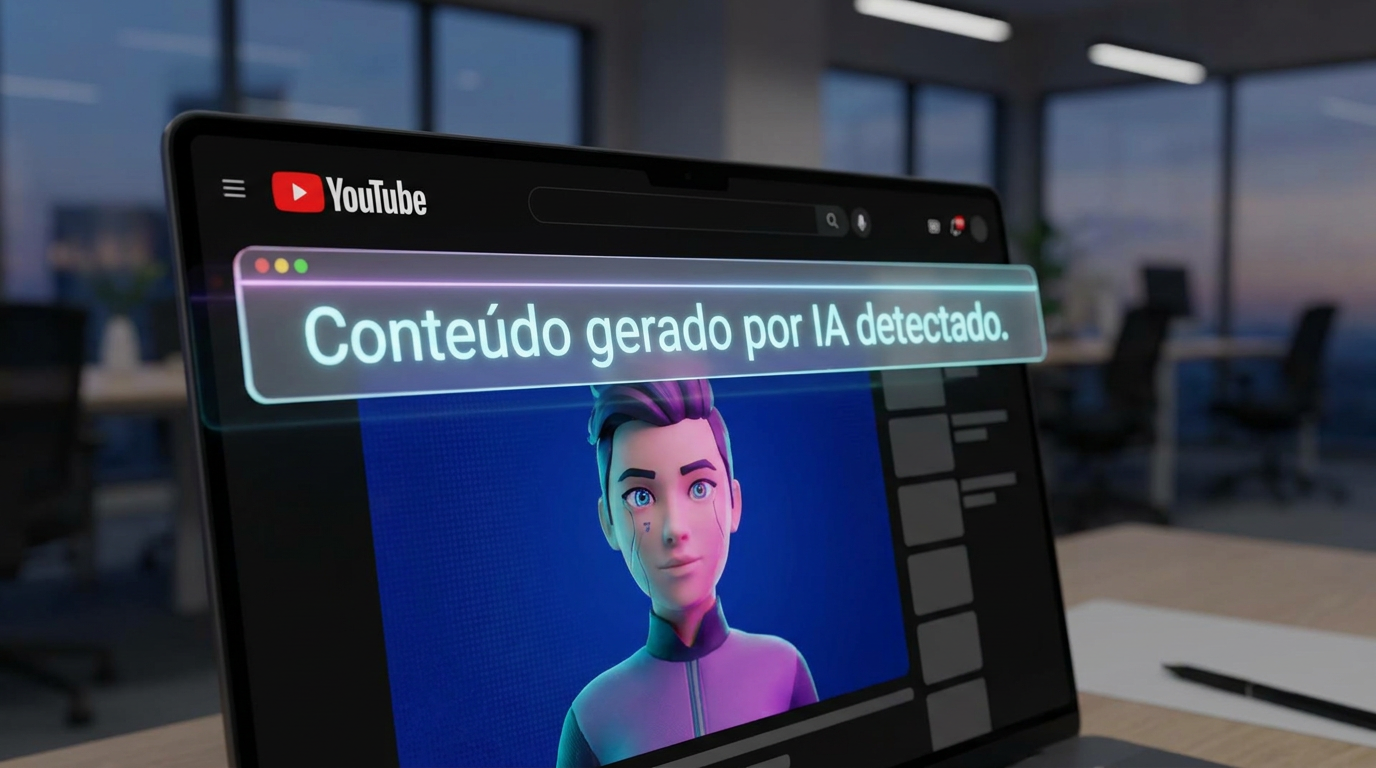 Tela de laptop exibindo interface do YouTube com aviso "Conteúdo gerado por IA detectado" sobre avatar 3D.