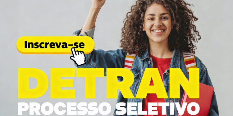 Estudante sorrindo ao lado da frase "Detran processo seletivo".