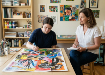 Jovem de camiseta azul pinta obra abstrata enquanto mulher de blusa branca faz anotações em ateliê artístico.