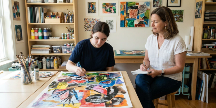 Jovem de camiseta azul pinta obra abstrata enquanto mulher de blusa branca faz anotações em ateliê artístico.