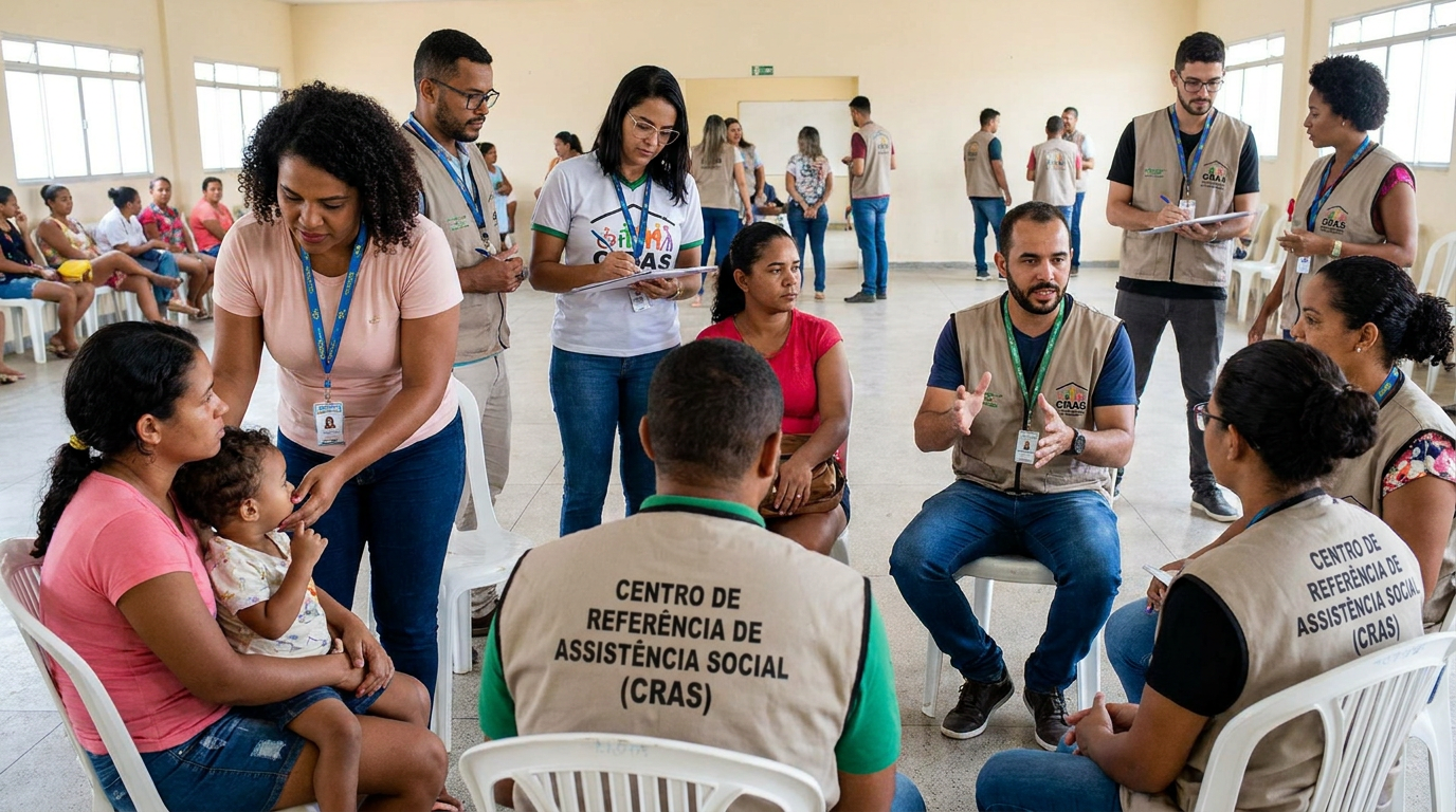 Profissionais do CRAS com coletes bege conversam em roda com mãe e bebê em cadeiras brancas.