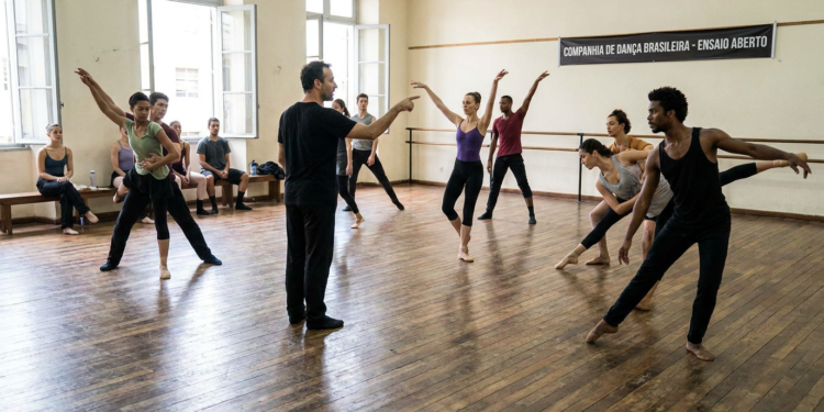 Bailarinos ensaiam em sala com piso de madeira, diretor central aponta, faixa "Companhia de Dança Brasileira - Ensaio Aberto".