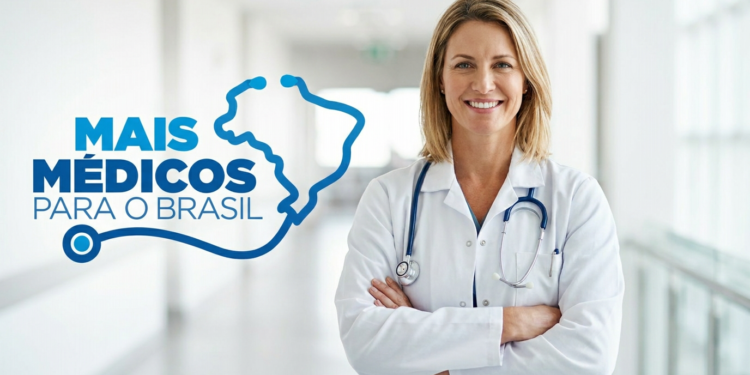 Médica sorrindo ao lado do logo Mais Médicos para o Brasil.