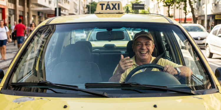 Taxista sorridente em táxi amarelo nas ruas.