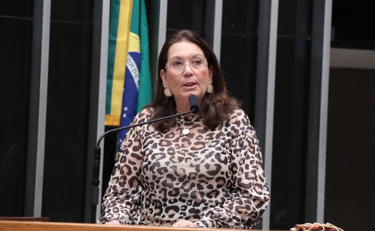 Mulher discursando na tribuna da Câmara dos Deputados.