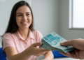 Mulher jovem de camisa rosa sorri ao receber maço de notas de R$ 100 de outra pessoa em ambiente de escritório.