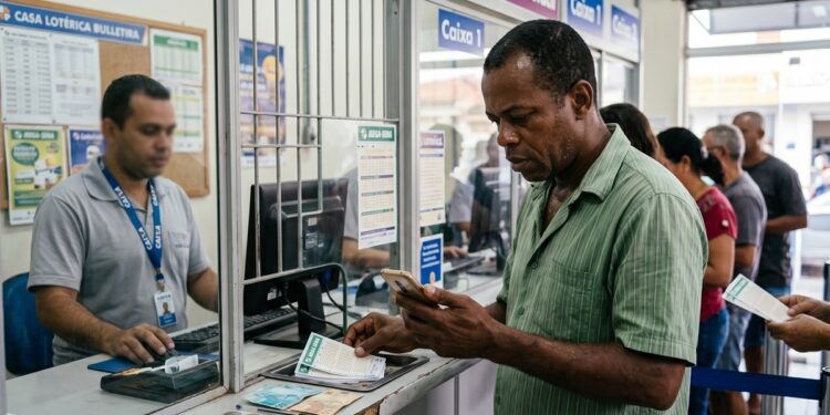 Homem de camisa verde consulta celular enquanto segura volante da Mega-Sena no balcão de lotérica com atendente