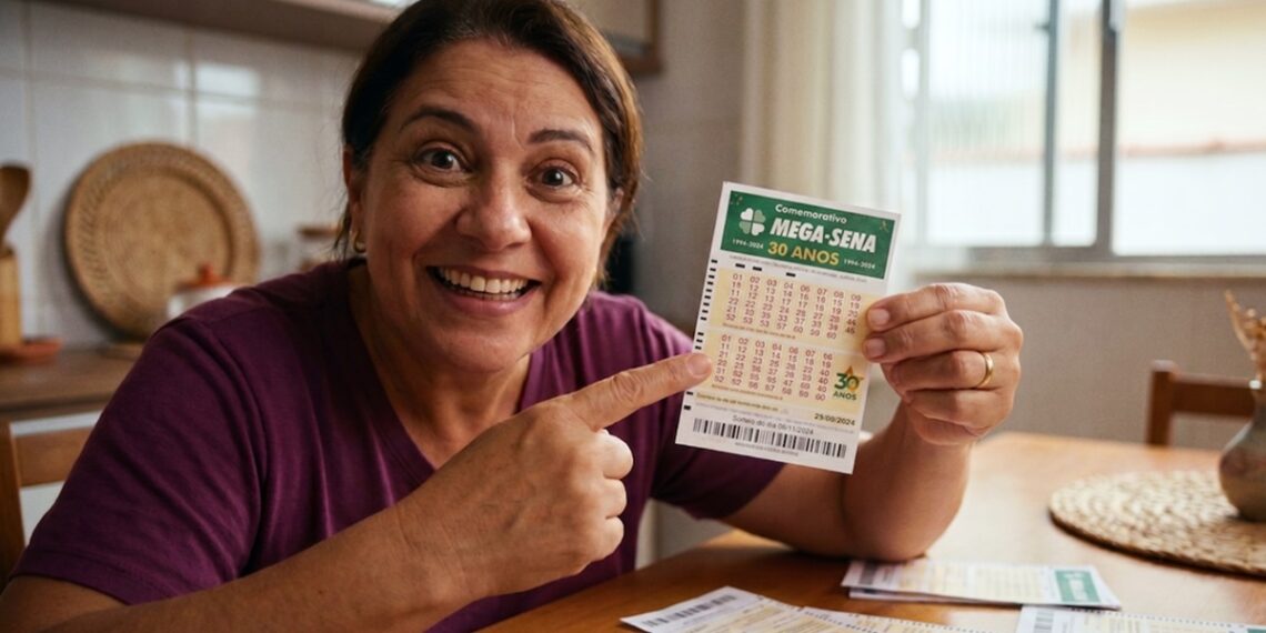 Mulher de blusa roxa sorrindo aponta para volante comemorativo da Mega-Sena 30 Anos em ambiente doméstico