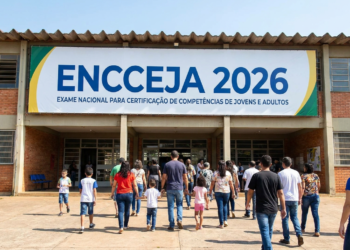 Grupo de adultos e crianças caminha em direção à entrada de escola com faixa ENCCEJA 2026.