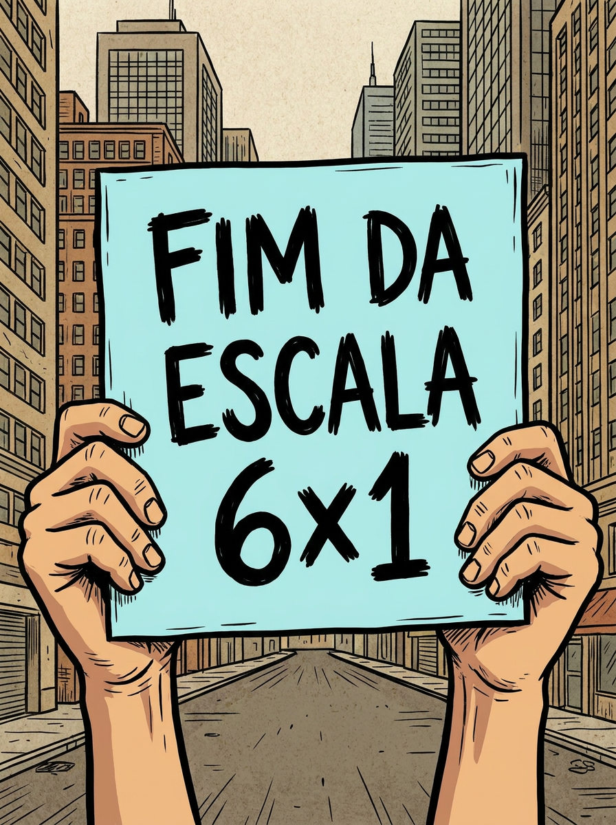 Cartaz exige fim da escala 6x1 em contexto urbano ilustrado.