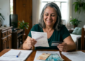 Mulher celebra renegociação de dívida com boleto e cartão na mão.