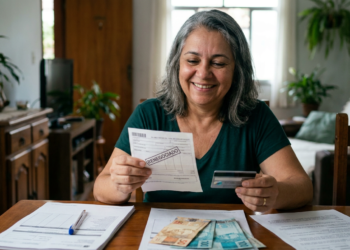 Mulher celebra renegociação de dívida com boleto e cartão na mão.