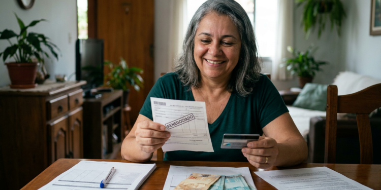 Mulher celebra renegociação de dívida com boleto e cartão na mão.