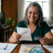 Mulher celebra renegociação de dívida com boleto e cartão na mão.