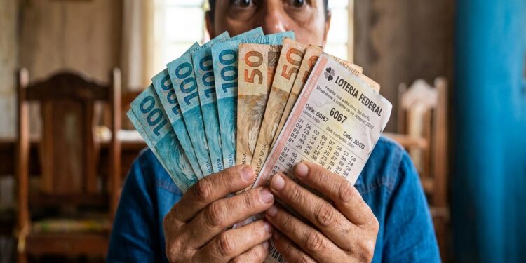 Mulher madura em camisa jeans exibe bilhete da Federal 6067 e notas de R$ 50 e R$ 100 em leque cobrindo parte do rosto