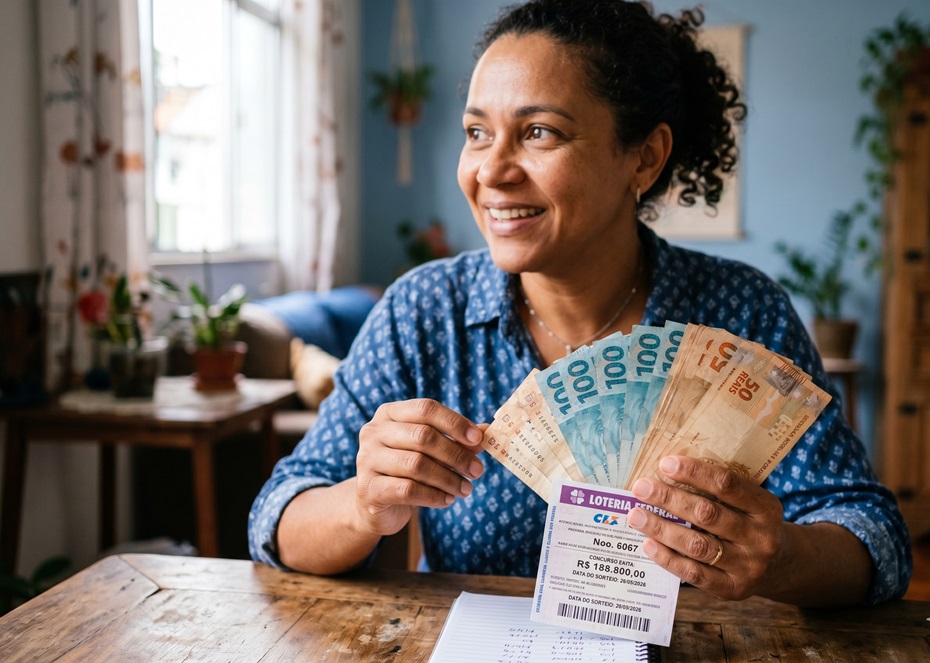 Mulher sorridente segura notas de reais e bilhete premiado da Loteria Federal 6067, valendo R$ 188.800