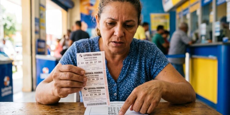 Mulher segura bilhetes da Loteria Federal sorteio 6068 em balcão de lotérica, comparando números com lista de resultados