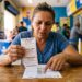 Mulher segura bilhetes da Loteria Federal sorteio 6068 em balcão de lotérica, comparando números com lista de resultados