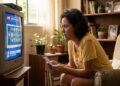 Mulher de cabelos cacheados segura bilhete de loteria enquanto assiste ao sorteio ao vivo na TV com números sorteados