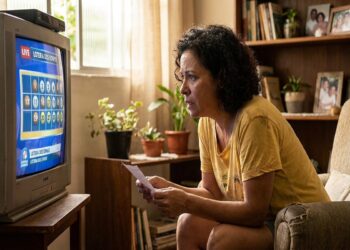 Mulher de cabelos cacheados segura bilhete de loteria enquanto assiste ao sorteio ao vivo na TV com números sorteados