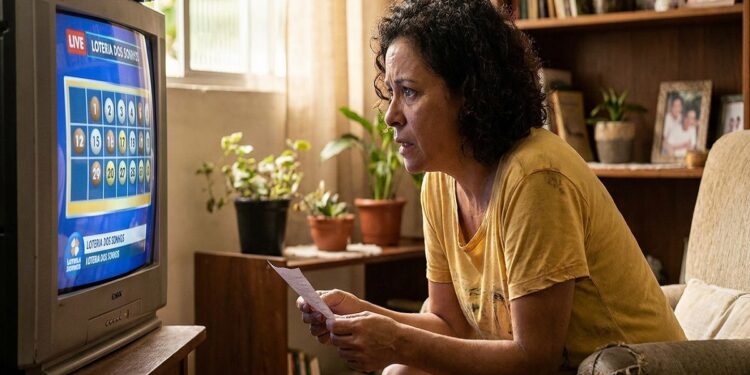 Mulher de cabelos cacheados segura bilhete de loteria enquanto assiste ao sorteio ao vivo na TV com números sorteados