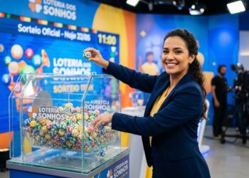 Apresentadora segura bola 33 ao lado de globo com bolas coloridas no sorteio da Loteria dos Sonhos