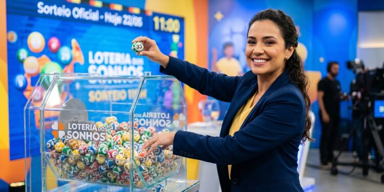 Apresentadora segura bola 33 ao lado de globo com bolas coloridas no sorteio da Loteria dos Sonhos