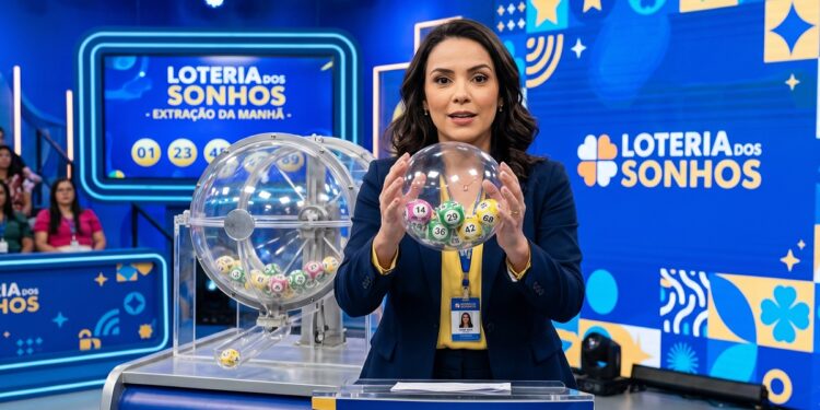 Apresentadora segura globo com bolas numeradas durante sorteio da Loteria dos Sonhos em estúdio azul