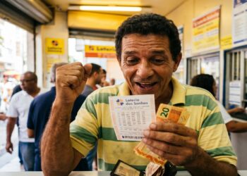 Homem de meia-idade comemora com punho cerrado segurando bilhete da Loteria dos Sonhos e notas de real em casa lotérica