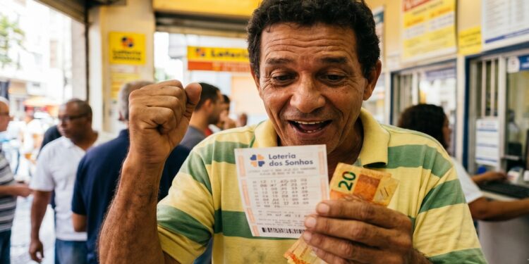 Homem de meia-idade comemora com punho cerrado segurando bilhete da Loteria dos Sonhos e notas de real em casa lotérica