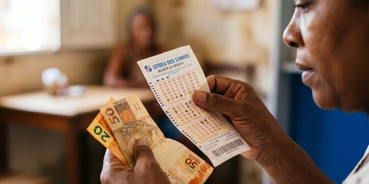 Mulher segurando bilhete da Loteria dos Sonhos e notas de R$ 50 e R$ 20 em ambiente interno