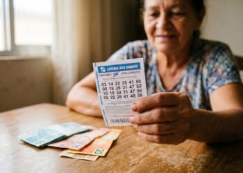 Mulher idosa segura bilhete da Loteria dos Sonhos com números e data 22/05/2026 ao lado de cédulas de real
