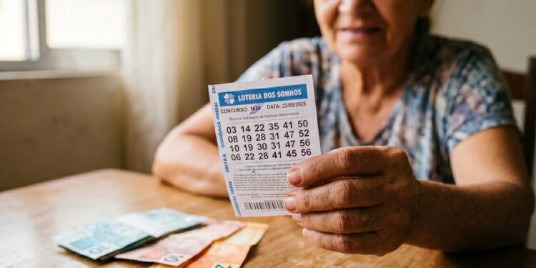 Mulher idosa segura bilhete da Loteria dos Sonhos com números e data 22/05/2026 ao lado de cédulas de real