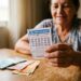 Mulher idosa segura bilhete da Loteria dos Sonhos com números e data 22/05/2026 ao lado de cédulas de real