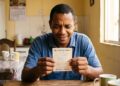 Homem negro de camisa polo azul sorrindo ao conferir bilhete da Loteria dos Sonhos com data 21/05 em cozinha residencial