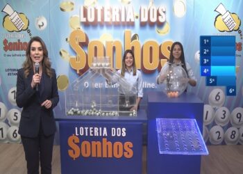 Apresentadora com microfone e duas auxiliares realizam sorteio da Loteria dos Sonhos com globos e bolas