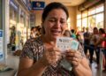 Mulher chorando de emoção segura bilhete da Loteria dos Sonhos com número 9759 e notas de dinheiro