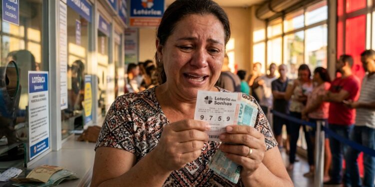 Mulher chorando de emoção segura bilhete da Loteria dos Sonhos com número 9759 e notas de dinheiro