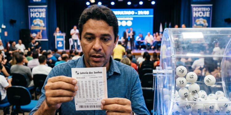 Homem de camisa azul segurando bilhete da Loteria dos Sonhos, com globo de sorteio e bolas numeradas à direita