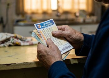 Mãos de pessoa idosa segurando bilhete da Loteria dos Sonhos e cédulas de real sobre balcão de madeira