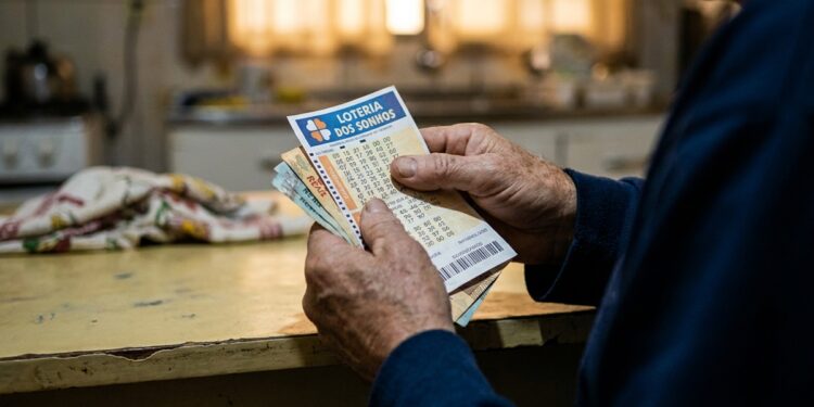 Mãos de pessoa idosa segurando bilhete da Loteria dos Sonhos e cédulas de real sobre balcão de madeira