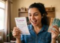 Mulher sorridente segura bilhete da Lotofácil concurso 3690 com dezenas marcadas e notas de R$ 50 e R$ 100