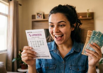 Mulher sorridente segura bilhete da Lotofácil concurso 3690 com dezenas marcadas e notas de R$ 50 e R$ 100