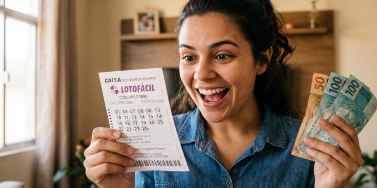 Mulher sorridente segura bilhete da Lotofácil concurso 3690 com dezenas marcadas e notas de R$ 50 e R$ 100