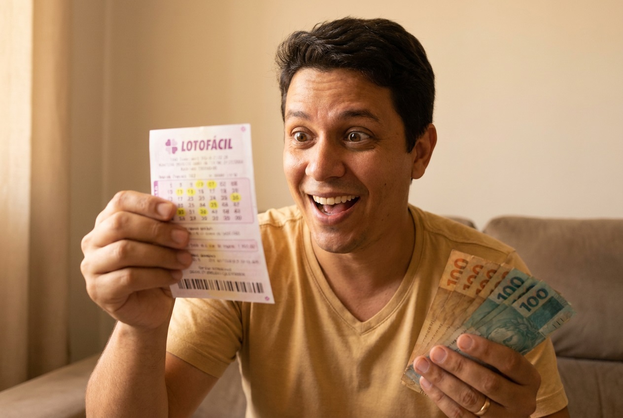 Homem sorridente segura volante da Lotofácil na mão direita e notas de 100 reais na esquerda, vestindo camiseta amarela