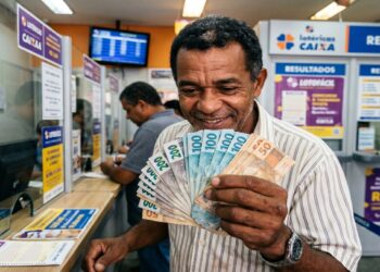 Homem sorridente segura leque de notas de 50, 100 e 200 reais em ambiente de lotérica com logos da Caixa